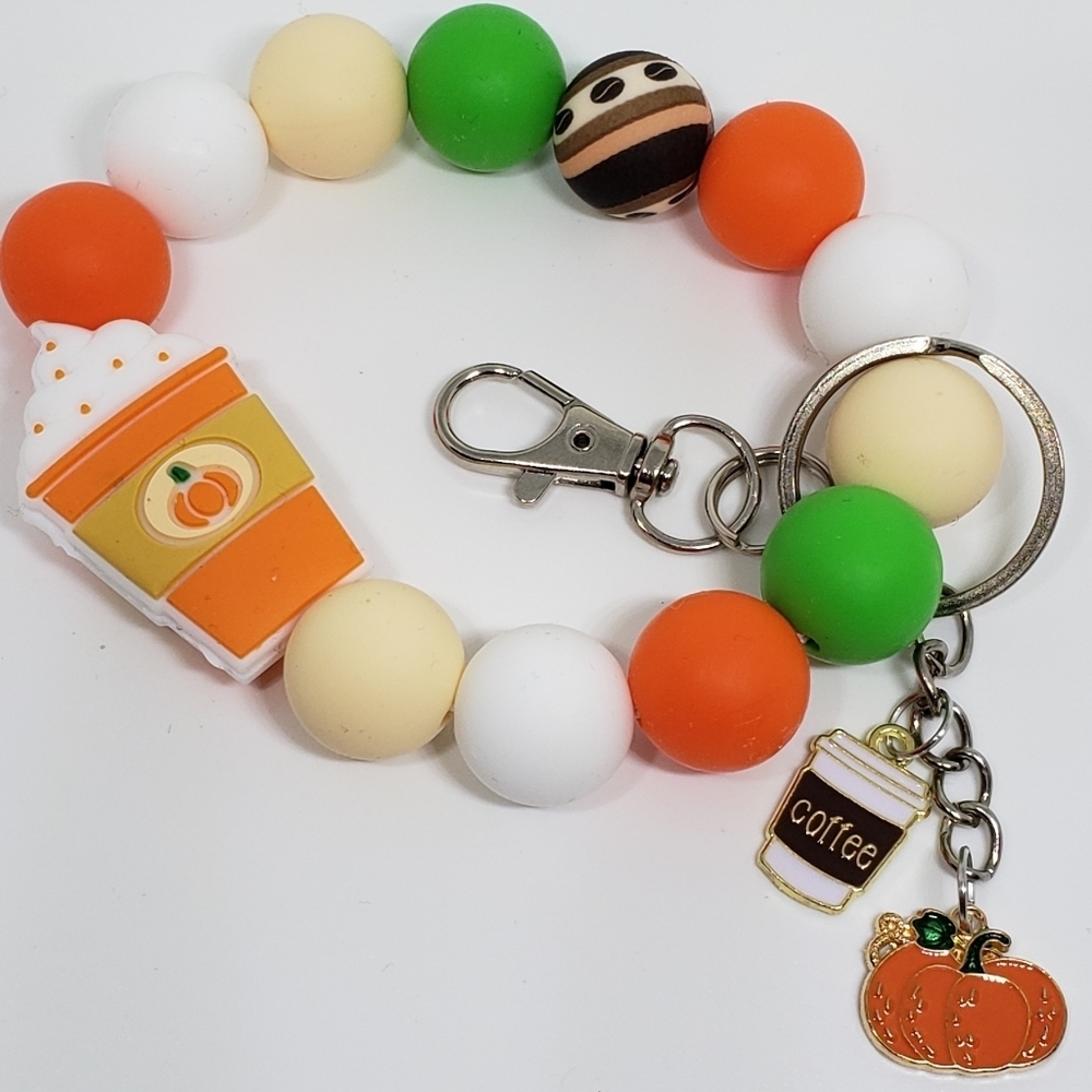 Handmade Fall Pumpkin Spice Latte Silicone Focal Bead Wristlet Keychain Bracelet